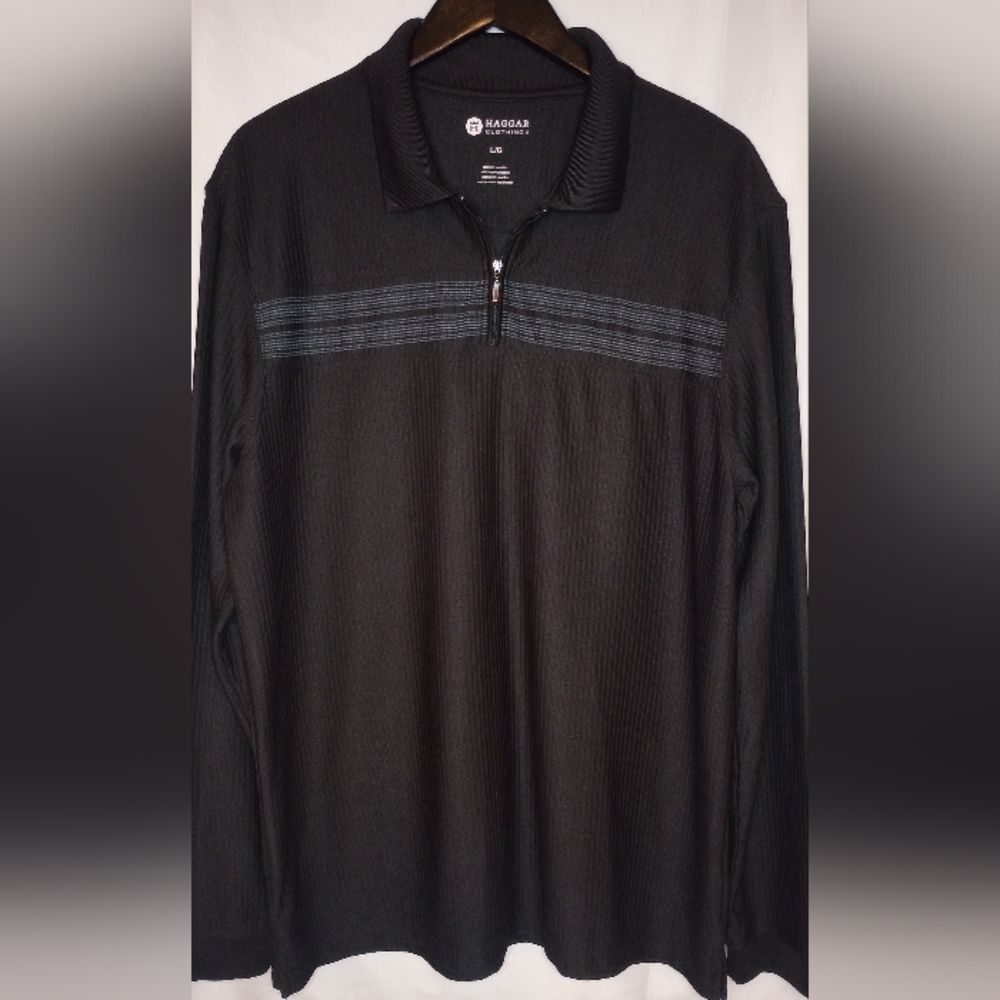 Haggard Men's Golf Shirt Black Long Sleeve Pullover 3/4 Zip Striped Texture L - Picture 9 of 11